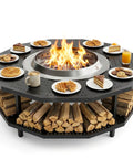 41 Inch Fire Pit Surround Tabletop Universal Fit For 21 Inch Pits with built-in firewood storage, showcasing outdoor dining setup.