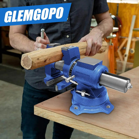Man using Heavy Duty 4 Inch Bench Vise With 360 Degree Swivel Base And Anvil for clamping wood in a workshop