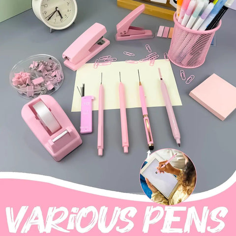 Pink desk accessories including stapler, tape dispenser, and pen holder, similar to Blue Desk Accessories Set 16 Piece Office Supplies Kit.