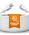Weatherproof Outdoor Extension Cord 10 Ft White Beefy Heavy Duty 16/3 Gauge Grounded 3 Prong Single Outlet Power Cable UL Listed