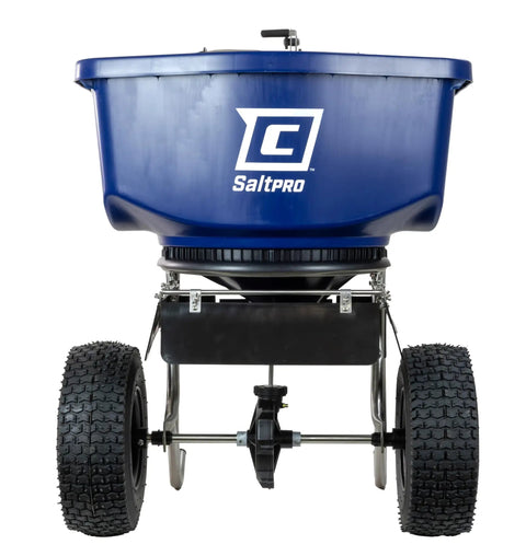 Front view of Pro Grade Salt And Ice Melt Spreader For Contractors 100 lb capacity walk-behind with spiked auger and 12 inch tires.
