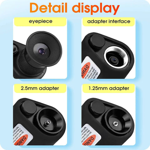 Detail display of Fiber Optic Inspection Microscope with 2.5mm and 1.25mm adapters, eyepiece, and adapter interface for SC/FC/ST/LC checks.