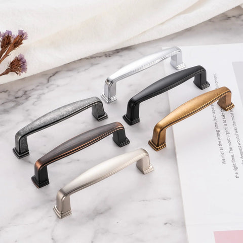 Black Zinc Alloy Cabinet Pull Handle With 3 Inch Hole Centers Stepped Design 3-9/16 Inch Overall Length alongside other finishes
