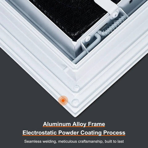 Close-up of Straight Up Top Shelf Aluminum Louvered Access Panel With Heavy Duty Pre Filter Decorative Air Vent Cover, 18x24 inches.