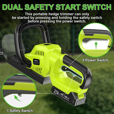 Powerful 21V Cordless Hedge Trimmer With Battery 20 Inch Lightweight Electric Bush Trimmer, safety and power switch close-up
