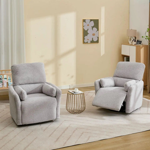 Power Swivel Rocker Recliner Glider Chair For Adults With USB Type C Ports Large Suede Gray Electric Reclining Chair For Living Room Or Bedroom Cozy Comfort 270 Degree Swivel And Plush Cushions With Two Pillows in a living room setting