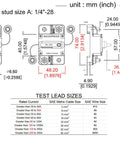 Technical diagram of Beefy 150 Amp Car Circuit Breaker With Manual Reset For Autos Boats RVs Trucks And Solar Battery Systems 12V To 48V DC Waterproof IP67 UL Certified Type III Switchable, showing dimensions and specifications.