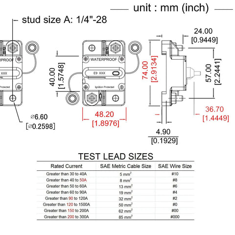 Technical diagram of Beefy 150 Amp Car Circuit Breaker With Manual Reset For Autos Boats RVs Trucks And Solar Battery Systems 12V To 48V DC Waterproof IP67 UL Certified Type III Switchable, showing dimensions and specifications.