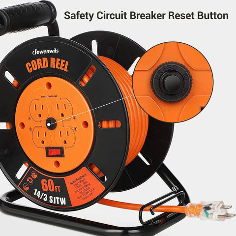 Heavy Duty Retractable Sixty Foot Extension Cord Reel With Metal Stand showing 14/3 SJTW cable and circuit breaker reset