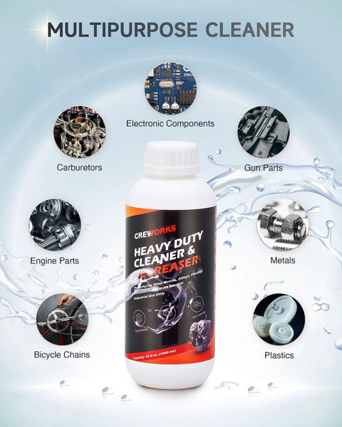 Pro Level Ultrasonic Cleaner Fluid For Carburetors Engines And Auto Parts Dissolves Stubborn Grease Oil And Road Grime Without Any Scrub Hustle Leaves Parts Residue Free 34 Fl Oz, inside bottle among various cleaned parts.