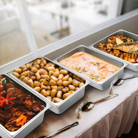 4 Pack Full Size Hotel Pans 1/1 Deep 4 Inch Heavy Duty Stainless Steel Food Pans holding various buffet dishes.