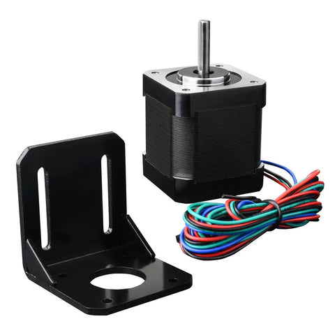 Badass DIY CNC Router Bundle With Rock Solid Arduino GRBL Shield, Nema 17 Stepper Motors, DRV8825 Drivers, Heatsinks And Limit Switches For Effortless Operations, Nema 17 stepper motor with wiring and black mount.