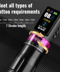 Close-up of Wireless Tattoo Gun Kit With 2300mAh Batteries, 7 Adjustable Stroke Rotary Machine showing digital display and settings.