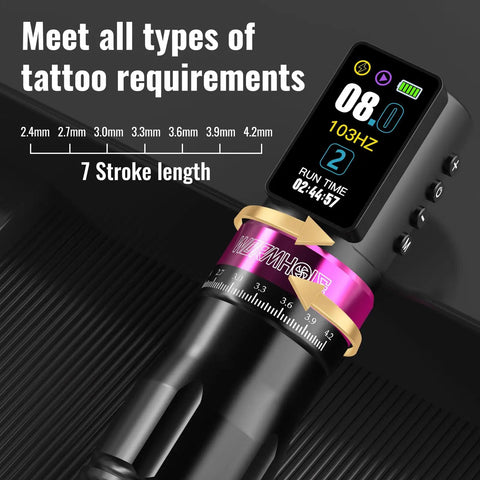 Close-up of Wireless Tattoo Gun Kit With 2300mAh Batteries, 7 Adjustable Stroke Rotary Machine showing digital display and settings.