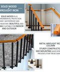 Top Shelf Adjustable Wooden Stair Railing Handrail Kit For Indoor Outdoor Use With Heavy Duty Wrought Iron Corner Brackets And Weatherproof Supports Slick Quick Setup, showcasing wood and iron construction.