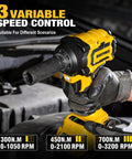 Heavy Hitting 20V Brushless Impact Wrench And Smooth 3/8 Inch Ratchet Combo Kit showing 3 variable speed controls for pro level torque.