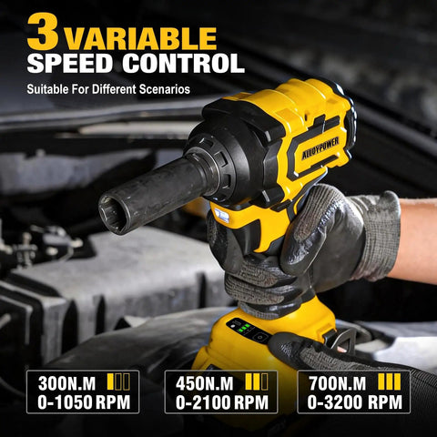 Heavy Hitting 20V Brushless Impact Wrench And Smooth 3/8 Inch Ratchet Combo Kit showing 3 variable speed controls for pro level torque.