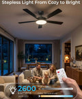 Boost Your Room Chill Level With This 52 Inch Smart Ceiling Fan showing a family enjoying dimmable LED lighting in the living room.