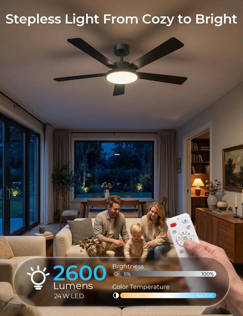 Boost Your Room Chill Level With This 52 Inch Smart Ceiling Fan showing a family enjoying dimmable LED lighting in the living room.