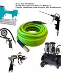 Air Hose 3/8 In By 10 Ft Beefed-Up Heavy Duty Hybrid Air Compressor Hose With Kink Resistant Design coiled next to air tools