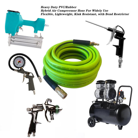 Air Hose 3/8 In By 10 Ft Beefed-Up Heavy Duty Hybrid Air Compressor Hose With Kink Resistant Design coiled next to air tools