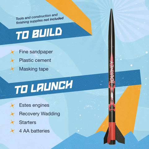 Journey Rocket Building Kit For Beginners With Launch Pad And Controller displayed with build and launch instructions