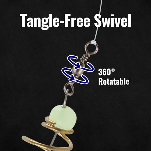 Tangle-free swivel detail of Glow In The Dark Fishing Bait Cage Set With 30 Pcs Spring Feeder Rig Bait Holders For Night Fishing.