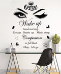 Feel Good Vibe Inspirational Quotes Wall Decals Set With Eye Motifs And Eyelash Art Queen Crown Butterflies And Hearts Removable Positive Vinyl Wall Sticker For Women Girls Bedroom Living Room Bathroom Decor on wall with chair and table