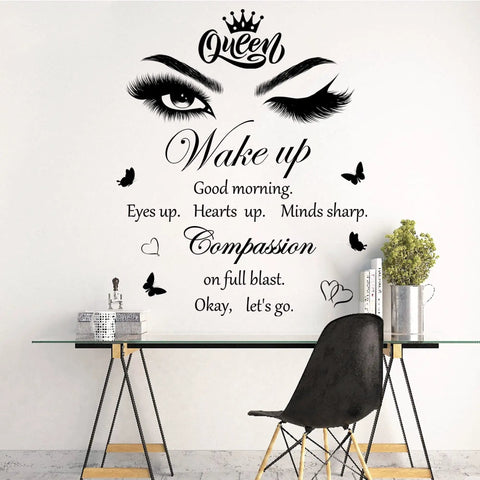 Feel Good Vibe Inspirational Quotes Wall Decals Set With Eye Motifs And Eyelash Art Queen Crown Butterflies And Hearts Removable Positive Vinyl Wall Sticker For Women Girls Bedroom Living Room Bathroom Decor on wall with chair and table