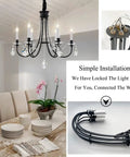 Dining room with 6 Light Black Crystal Chandelier With Chic Farmhouse Rustic Black Metal Frame And Adjustable Chain