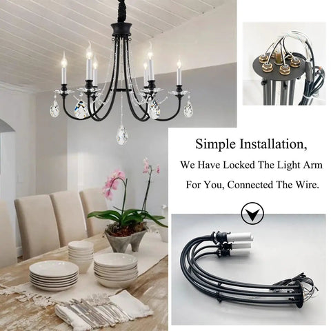Dining room with 6 Light Black Crystal Chandelier With Chic Farmhouse Rustic Black Metal Frame And Adjustable Chain