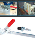 Vertical Toggle Clamp With Lengthened Operating Arm For Hard To Reach Clamping In Special Setups, close-up view.