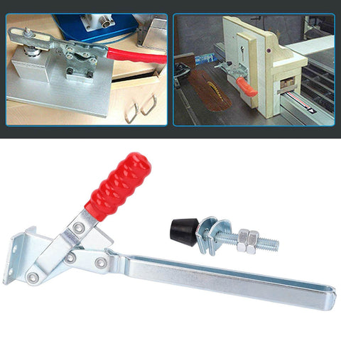 Beefy Vertical Toggle Clamp with Lengthened Arm, high strength metal fixture for industrial workholding, bright finish.