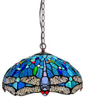 Antique Blue Dragonfly Tiffany Style 2-Light Stained Glass Pendant Light 16 Inch Wide Hanging Lamp With Adjustable 60 Inch Chain