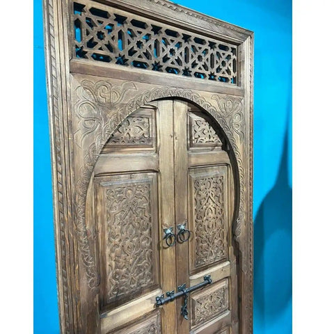 Dope Two Carved Panels Handcrafted Barn Door With Royal Brown Finish Custom Size Dual Sliding Or Hinged Front Door