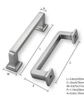 Two brushed nickel cabinet pulls with 3 inch hole centers, straight bar design, satin finish, dimensions labeled, 3.6 inch length.