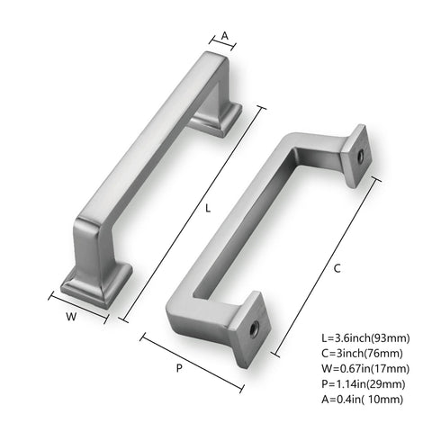 Two brushed nickel cabinet pulls with 3 inch hole centers, straight bar design, satin finish, dimensions labeled, 3.6 inch length.