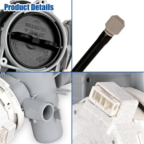 Drain Pump Assembly For Front Load Washing Machines AHA75853803 Cross Reference AP6985799 PS12750086 EAP12750086 close-up of gray plastic housing and outlet