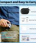 Thermal Camera For Android USB C With Macro Lens in user's pocket, carrying bag, quick guide, cleaning cloth, packing box