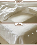 Before and after image showing 200 Piece Heavy Duty Transparent Plastic Spiral Bed Skirt Pins And Furniture Fabric Holders with neat fabric setup.