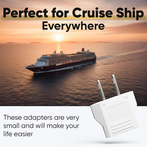 EU To US Travel Plug Adapter 220V To 110V Converter Type A 2 Pack for cruise ship use, background ocean sunset view.