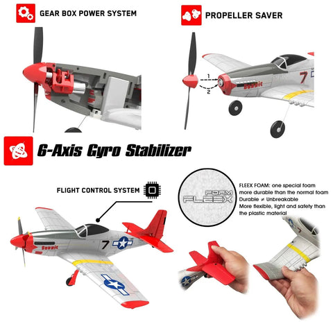 Remote Control Warbird Plane With Four Channel Flight For Outdoors Ready To Fly RTF showcasing propeller, gyro stabilizer, and control