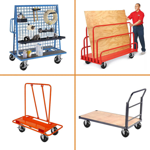 Four different utility carts on heavy duty 6 inch plate caster wheels with rubber on cast iron core, ideal for carts and workbenches.