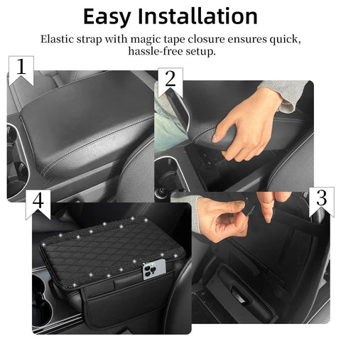 Fresh Universal Leather Center Console Cover With Chic Bling Accents And Handy Dual Storage Pouches To Keep Your Daily Driver Interiors Slick And Fully Organized In Modern Black installation process with elastic strap and magic tape.