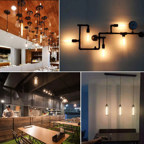 Modern lighting with T10 LED Tubular Bulbs Warm White 2700K 6W Dimmable Vintage Filament Bulbs in restaurant and home settings