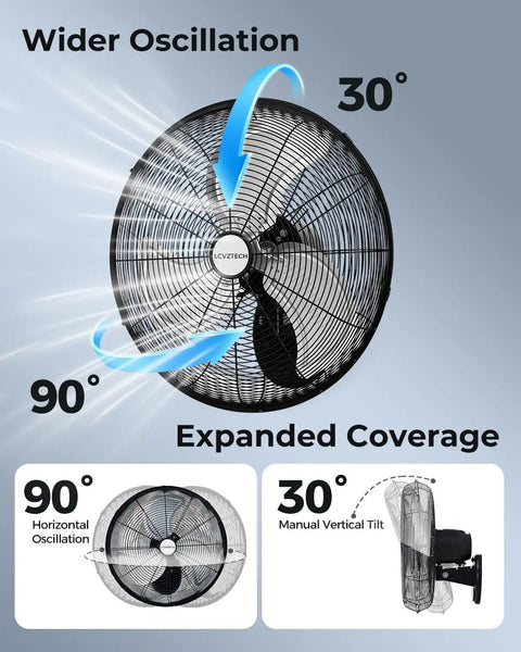20 Inch Wall Mount Fan Oscillating With 3 Speed Settings High Velocity Industrial Air Circulator for wide oscillation and coverage.