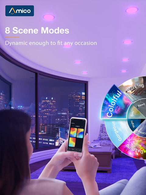 Smart LED Recessed Can Lights 6 Pack With RGBCW Color Changing WiFi Enabled Retrofit Downlight 1050 Lumens in living room