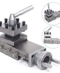 Industrial swing lathe tool post slide, steel with hand lever and top bolts, 180mm length, front view