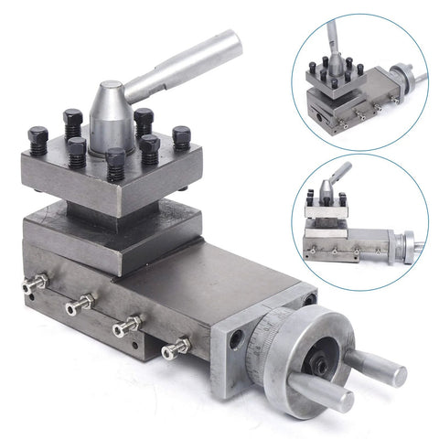 Industrial swing lathe tool post slide, steel with hand lever and top bolts, 180mm length, front view