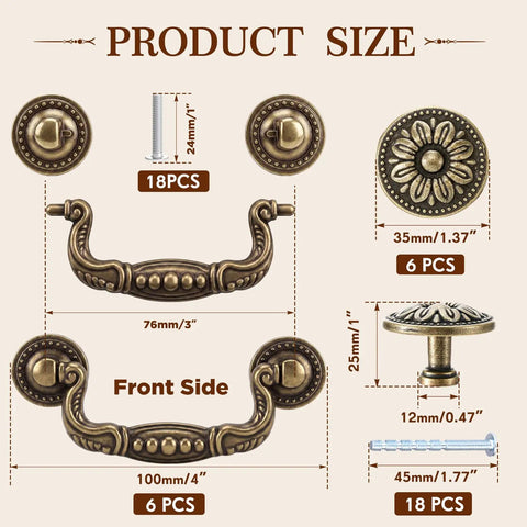 12 Piece Bail Handle Drop Pulls And Vintage Flower Cabinet Knobs In Antique Bronze Beaded Style for Drawer and Dresser
